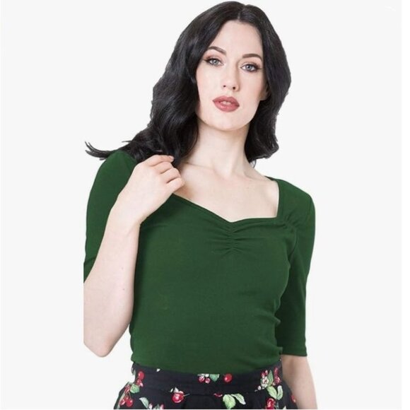 NWOT Philippa Vintage Style Jersey Top with Sweetheart Neckline - Green - Picture 1 of 6